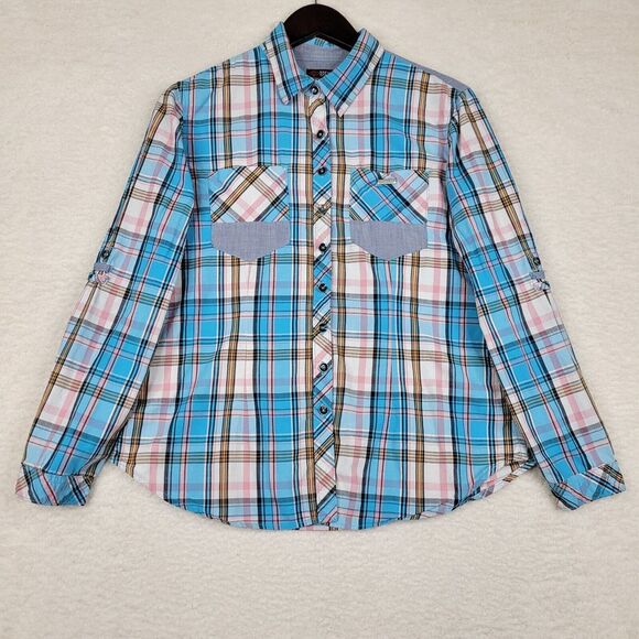 Dickies Shirt‎ Womens Large Blue Pink Plaid Long Sleeve Button Up Western - Picture 1 of 10